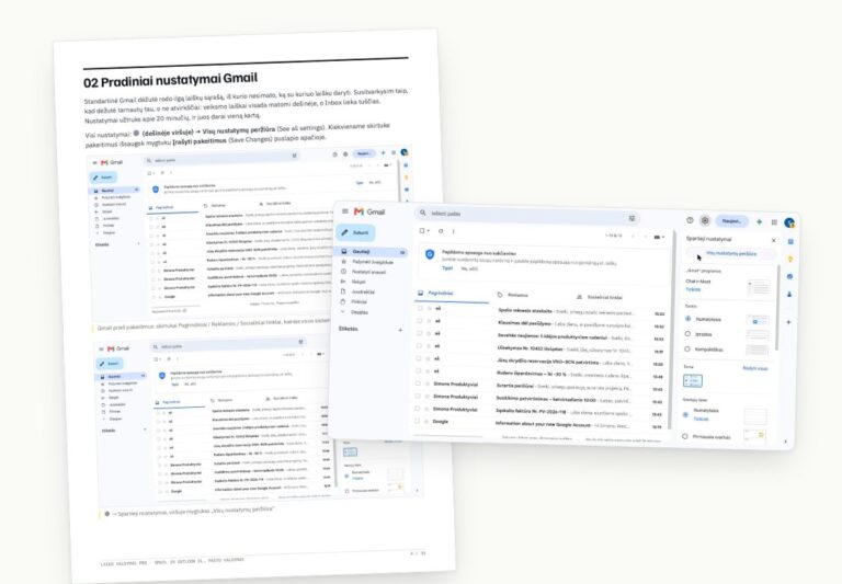 Gido puslapis „Pradiniai nustatymai Gmail“ ir Gmail sparčiųjų nustatymų langas