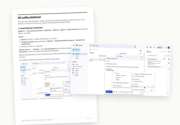 Gido skyrius „Laiškų šablonai“ ir Gmail šablono įterpimo meniu