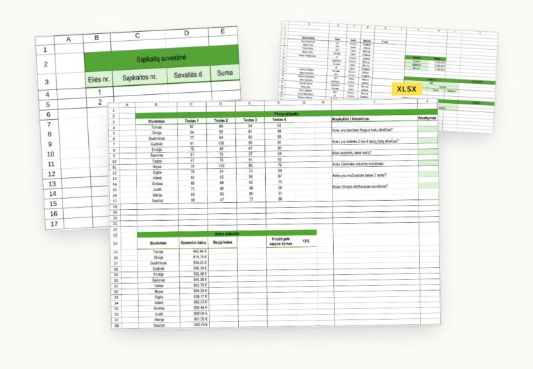 Excel pratimų lapai: sąskaitų suvestinė, testų rezultatai ir medalių lentelė