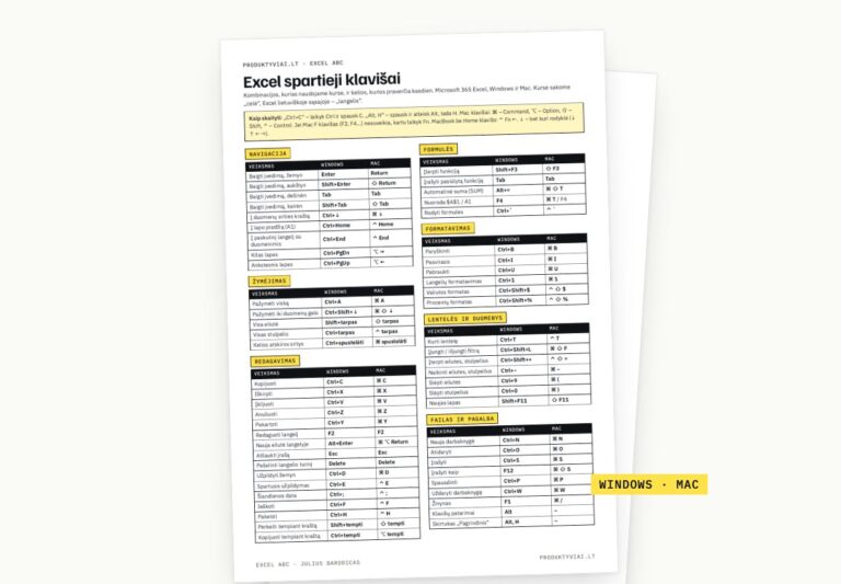 Excel sparčiųjų klavišų atmintinė PDF, Windows ir Mac