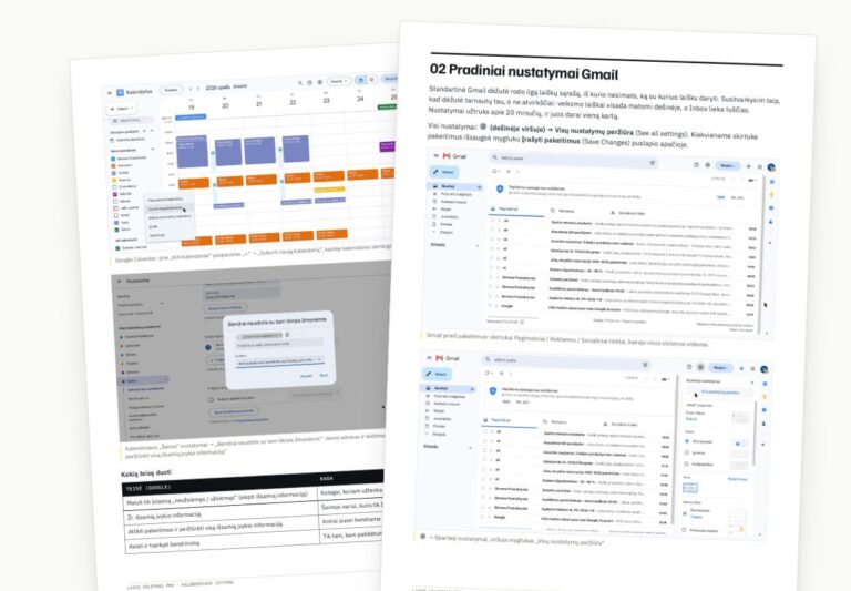 Kalendoriaus ir Gmail gidų puslapiai su nustatymų ekrano kadrais